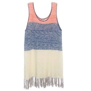 Umgee Swimsuit Cover Up Dress Size Large Coral Blue Cream Crochet Fringe Tank